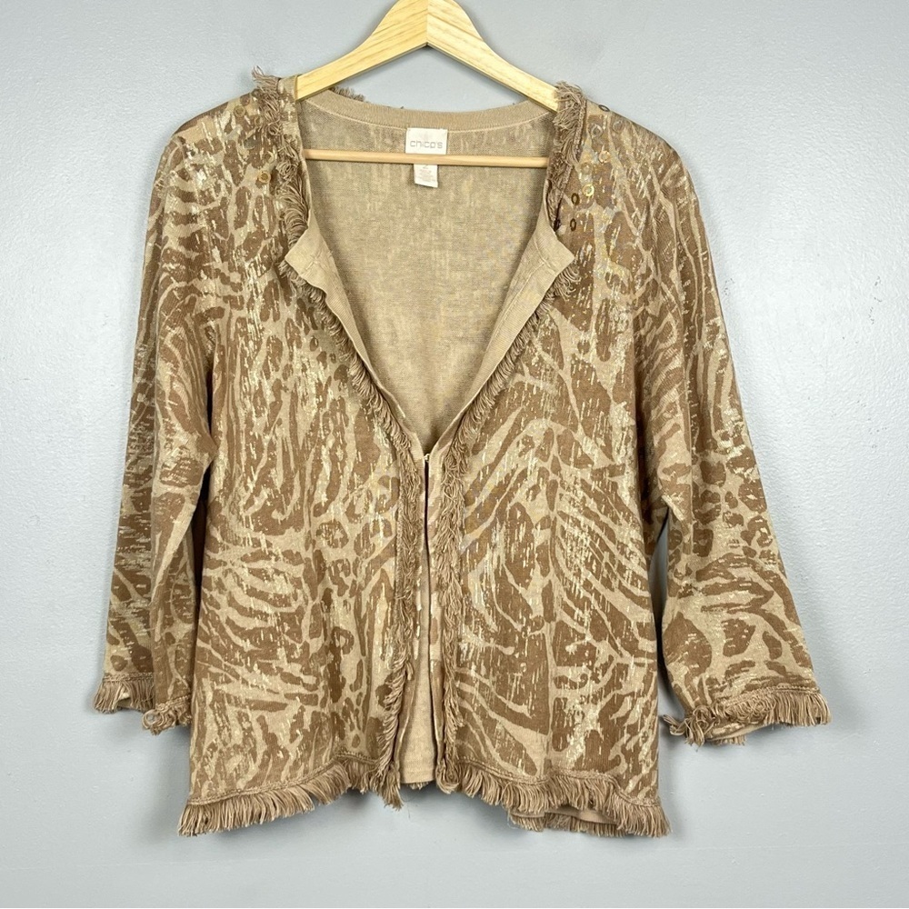 Chico’s linen cotton blend Frankie Fringe animal print Cardigan Sweater, large.